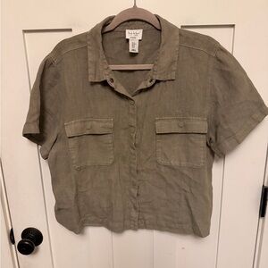 100% linen short-sleeve snap down T-Shirt Boxy Cropped Nicole Miller XL Olive